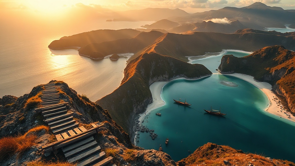 Sunrise view of Padar Island three bays from the summit trail, Komodo National Park